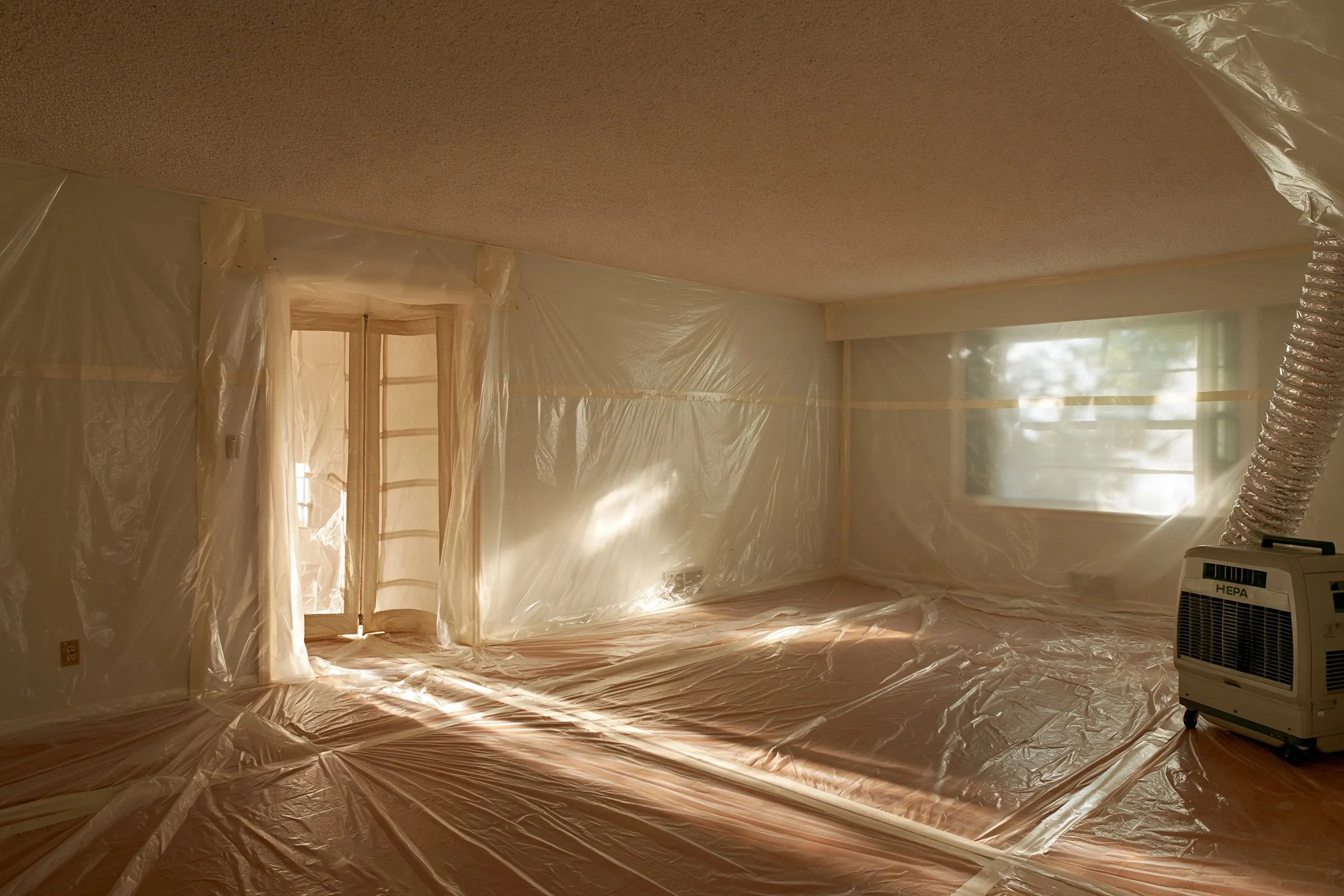 Room with a textured ceiling, walls and floor covered in plastic, a doorway sealed with plastic and a HEPA air unit